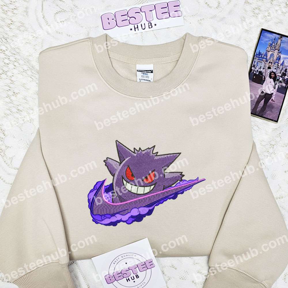 Gengar Embroidered Shirt, Pokemon Embroidered Hoodie, Anime Embroidered Sweatshirt