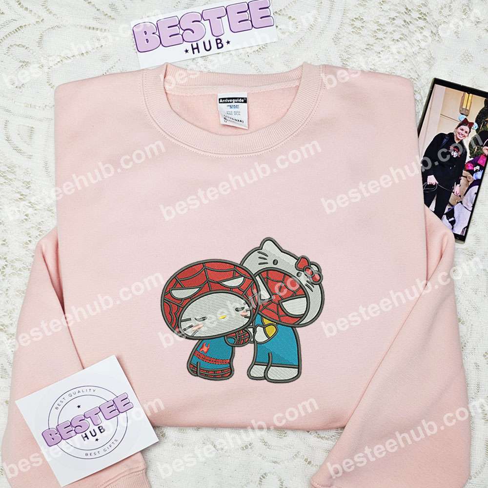 Hello Kitty And Spider-Man Cosplay Embroidered Shirt, Superhero Embroidered Hoodie, Cartoon Embroidered Sweatshirts