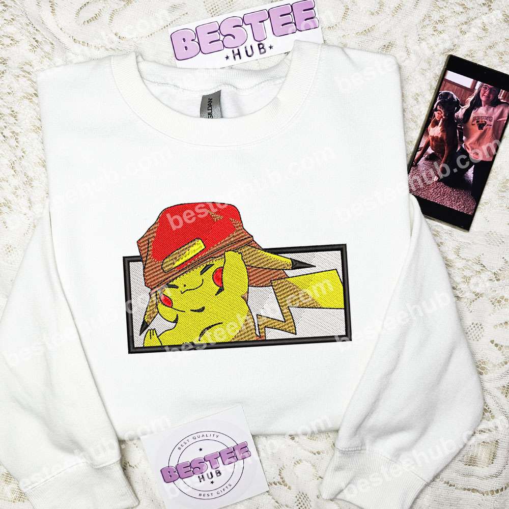 Pikachu Wearing Cap Pokemon Anime Embroidered Shirt