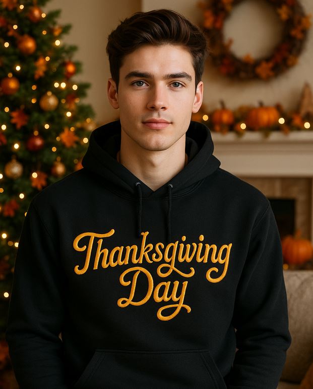 Wearing a soft, oversized hoodie embroidered with golden Thanksgiving Day quote.