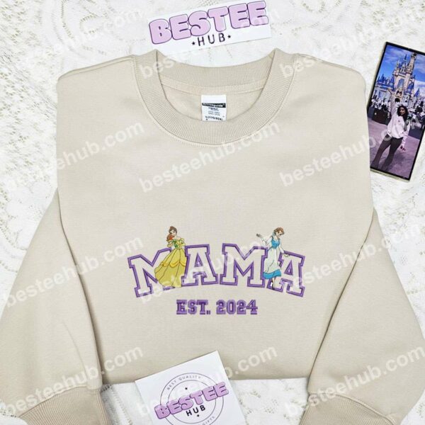 Belle Mama Embroidered Shirt, Disney Characters Embroidered Hoodie, Mother's Day Embroidered T Shirt (2)