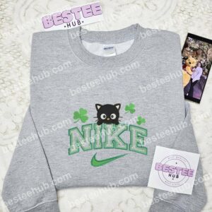 Black Cat Shamrock Embroidered Shirt, St Patrick's Day Embroidered Hoodie, Holiday Embroidered Sweatshirt (3)