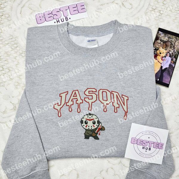 Jason Voorhees Chibi Embroidered Shirt, Horror Movie Embroidered Hoodie, Halloween Embroidered Sweatshirt (2)
