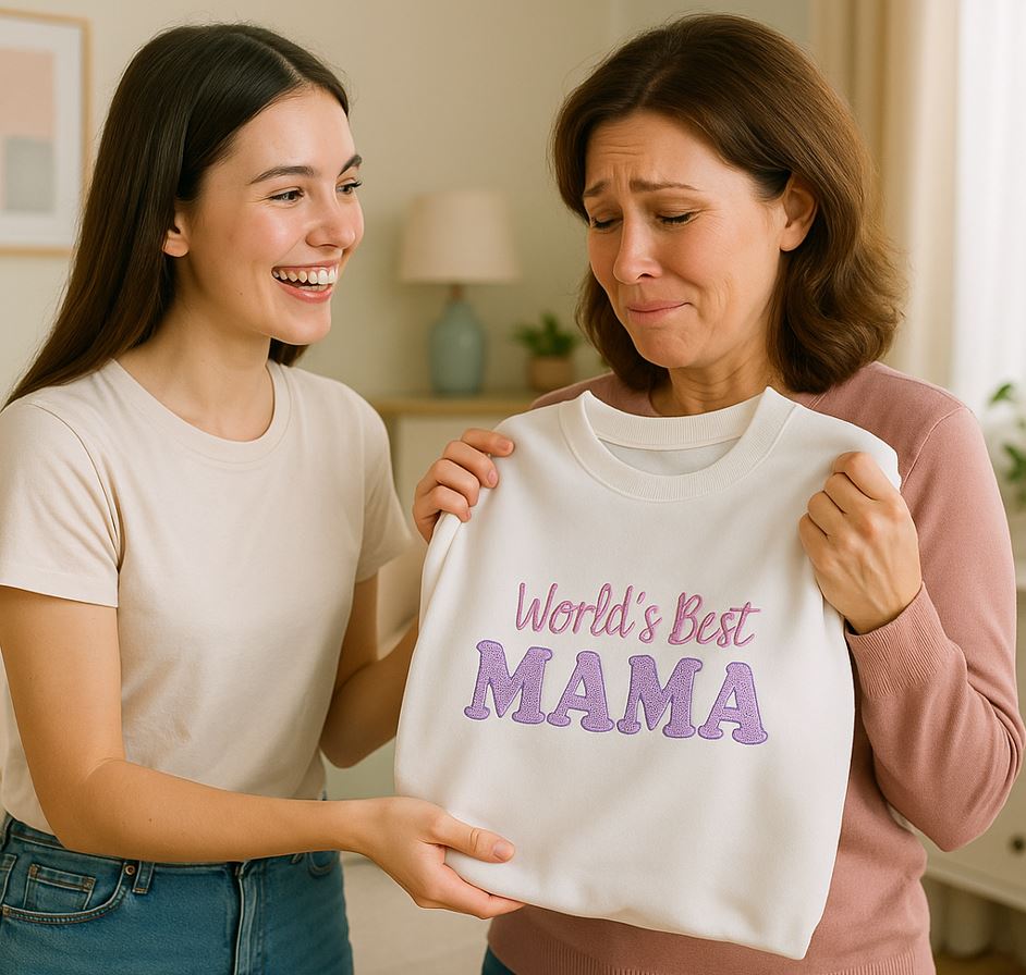 A simple embroidered shirt with a phrase only the two of you understand can mean more than a designer brand.