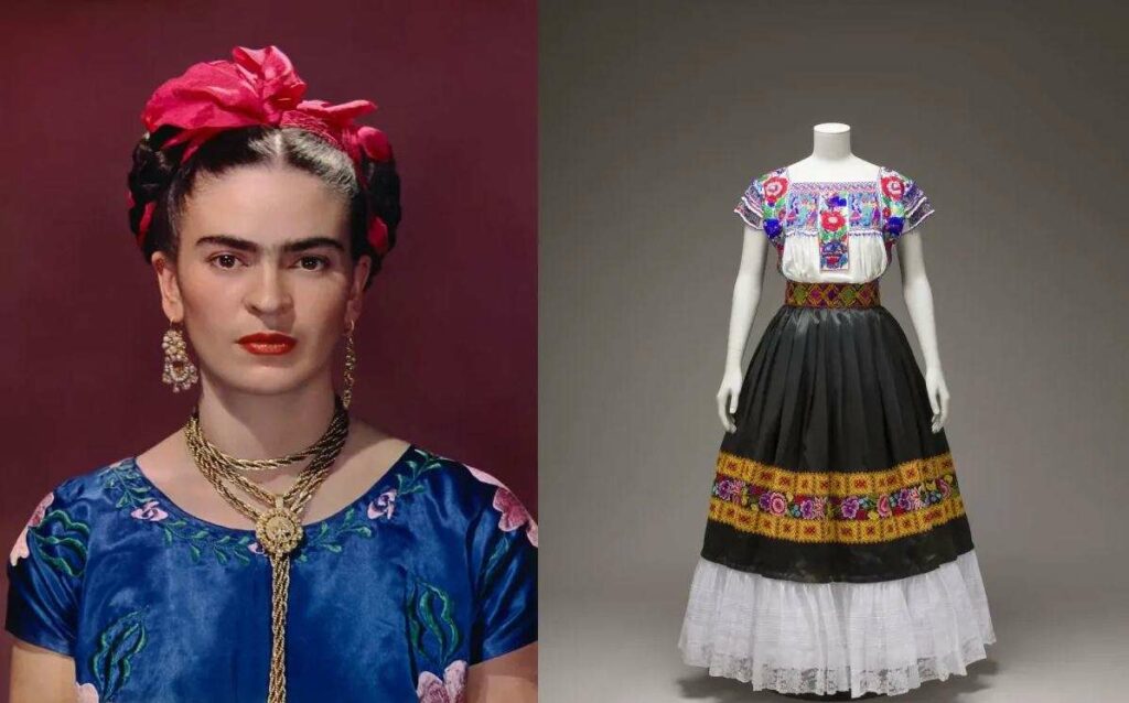 Kahlo often wore Tehuana dresses—traditional garments from Oaxaca, Mexico.