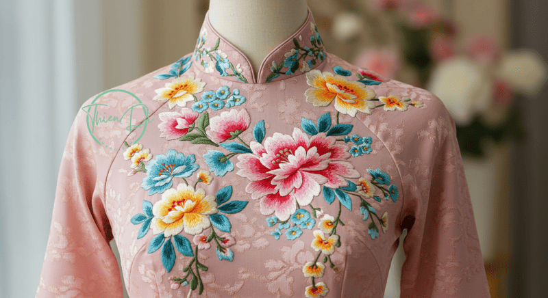 Sophisticated floral embroidery on a Vietnamese Ao Dai.