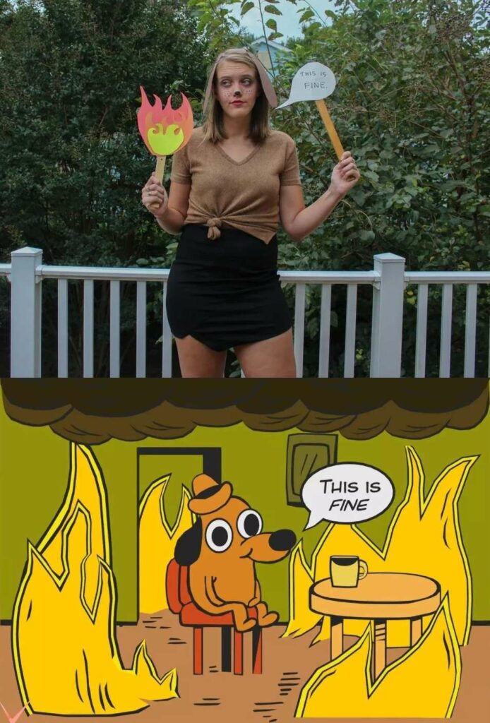 Creative This Is Fine meme costume. Creative This Is Fine meme costume.