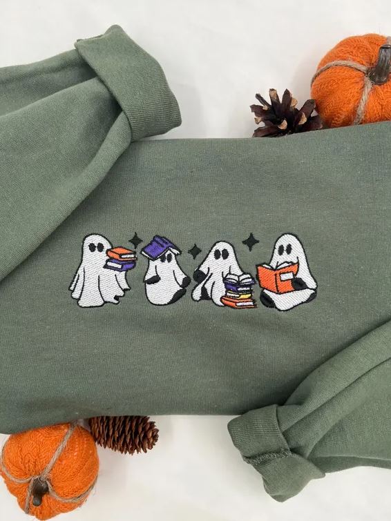 tiu A hella cute sweatshirt embroidered with tiny white ghosts,